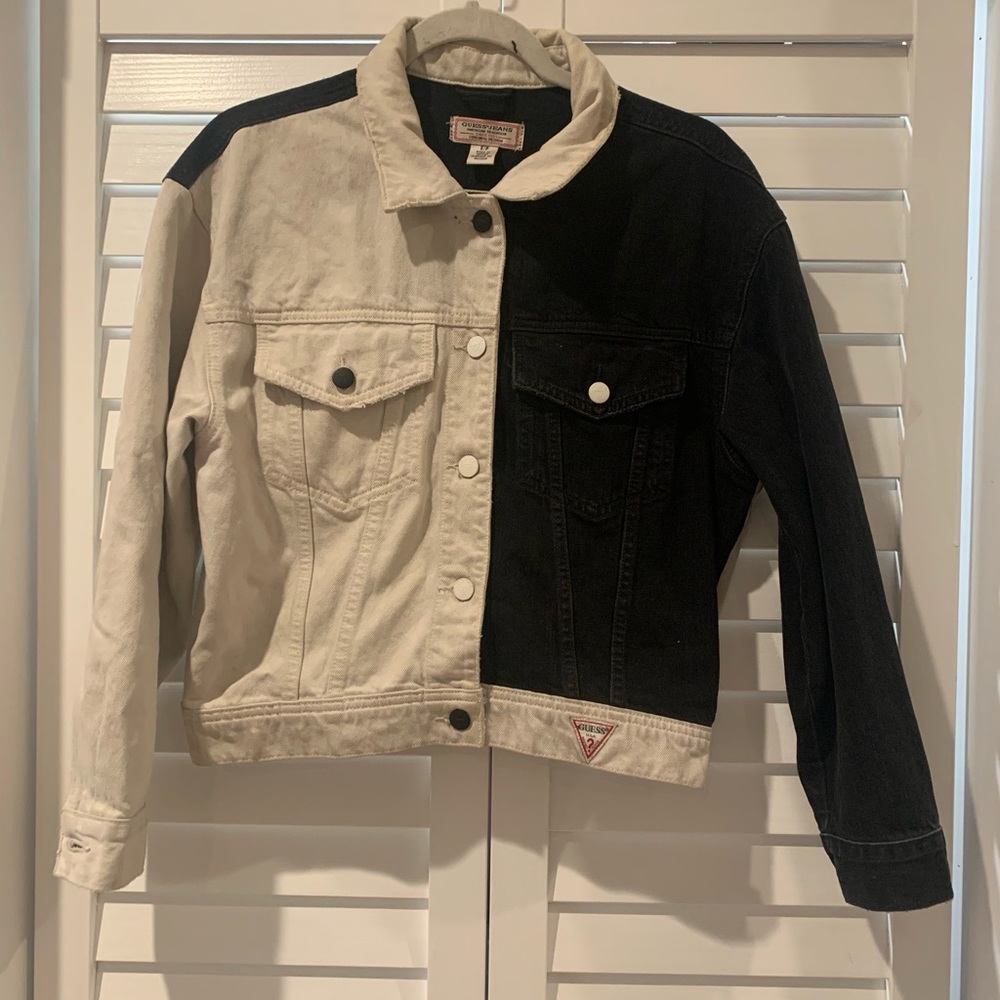 Guess Jeans: Two Toned Black & Cream Denim Jacket
